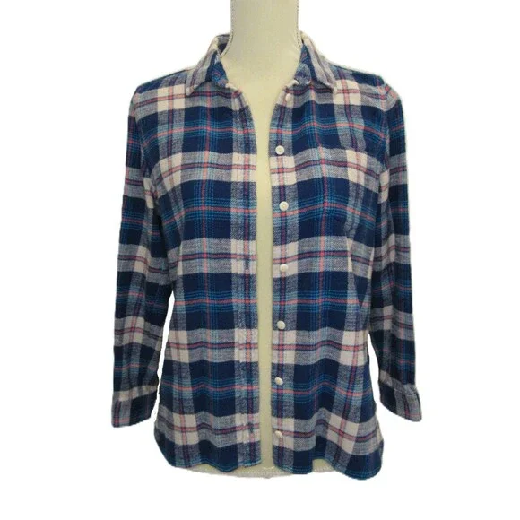 J. Crew Womens 10P Flannel Plaid Button Up Blue Coral Cotton Long Sleeve - Picture 2 of 15